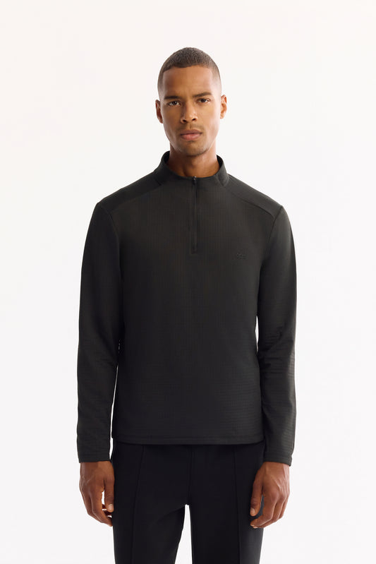 Siyah Fermuarlı Dik Yaka Düz Teknik Kumaş Sweatshirt