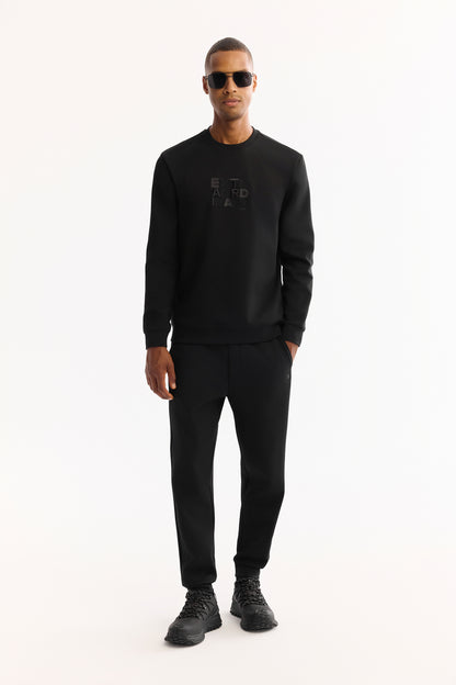 Siyah Bisiklet Yaka Nakışlı Interlok Kumaş Sweatshirt