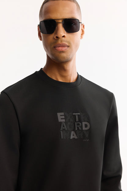 Siyah Bisiklet Yaka Nakışlı Interlok Kumaş Sweatshirt