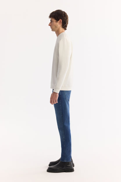 Ekru Bisiklet Yaka Nakışlı Interlok Kumaş Sweatshirt