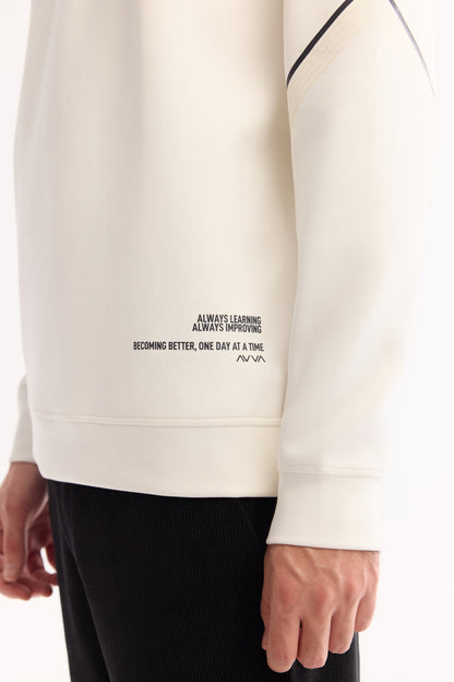 Ekru Bisiklet Yaka Silikon Baskılı Interlok Kumaş Sweatshirt