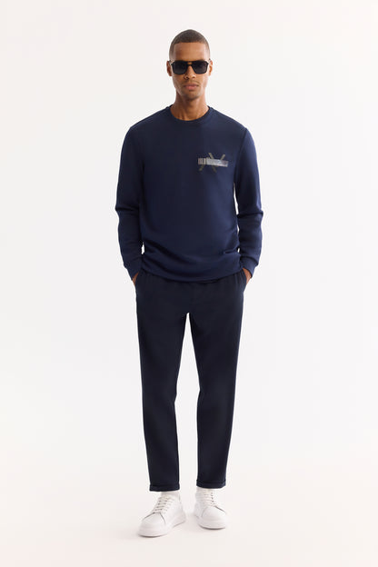 Lacivert Bisiklet Yaka Hologram Baskı Interlok Kumaş Sweatshirt