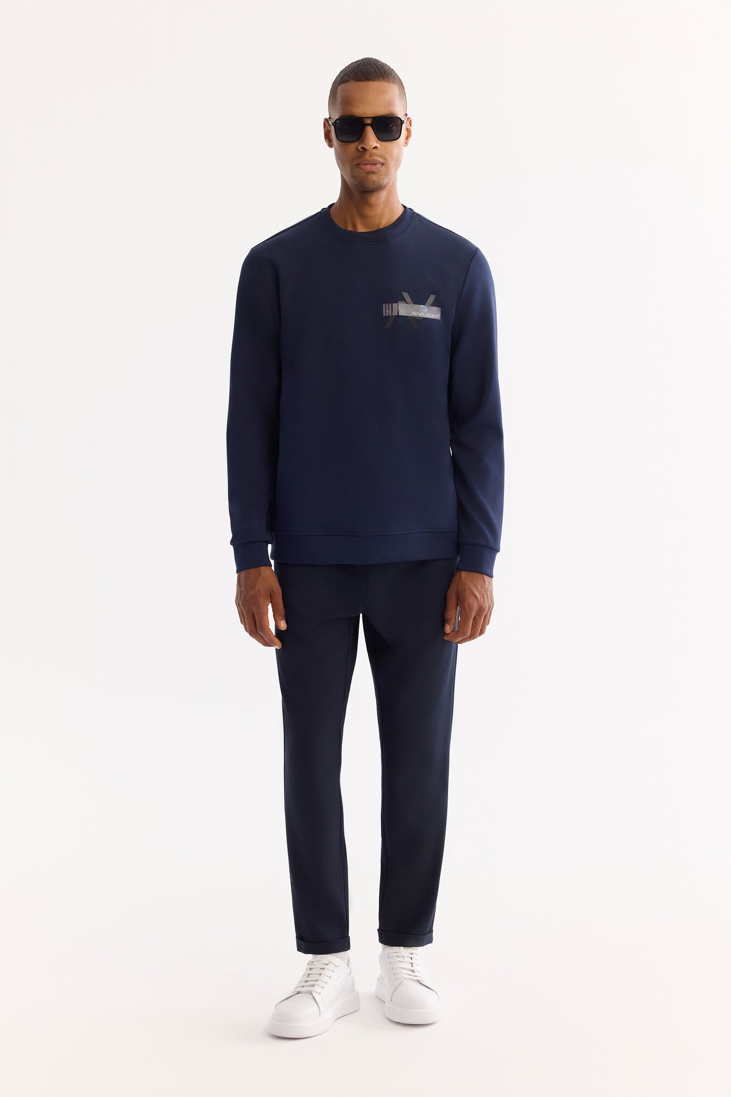 Lacivert Bisiklet Yaka Hologram Baskı Interlok Kumaş Sweatshirt