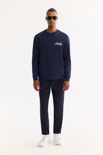 Lacivert Bisiklet Yaka Hologram Baskı Interlok Kumaş Sweatshirt