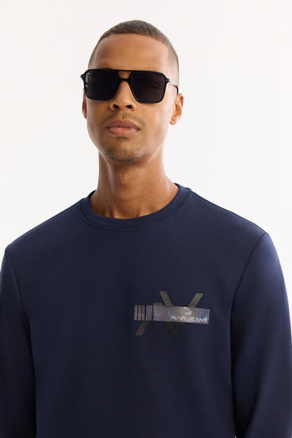 Lacivert Bisiklet Yaka Hologram Baskı Interlok Kumaş Sweatshirt