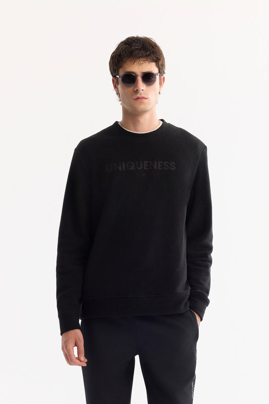 Siyah Bisiklet Yaka Baskili Uzun Kol Polar Kumaş Sweatshirt