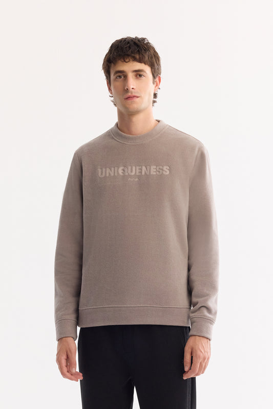 Gri Bisiklet Yaka Baskili Uzun Kol Polar Kumaş Sweatshirt