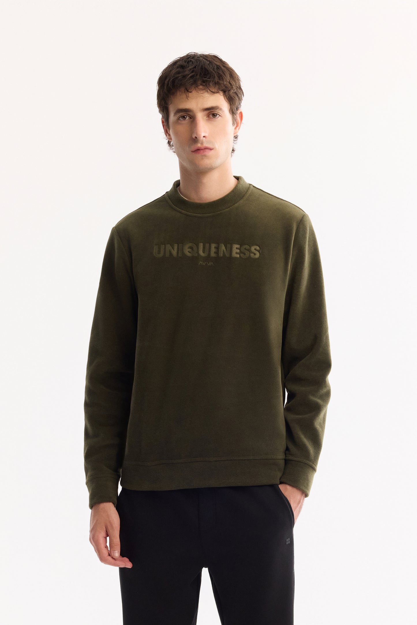 Haki Bisiklet Yaka Baskili Uzun Kol Polar Kumaş Sweatshirt