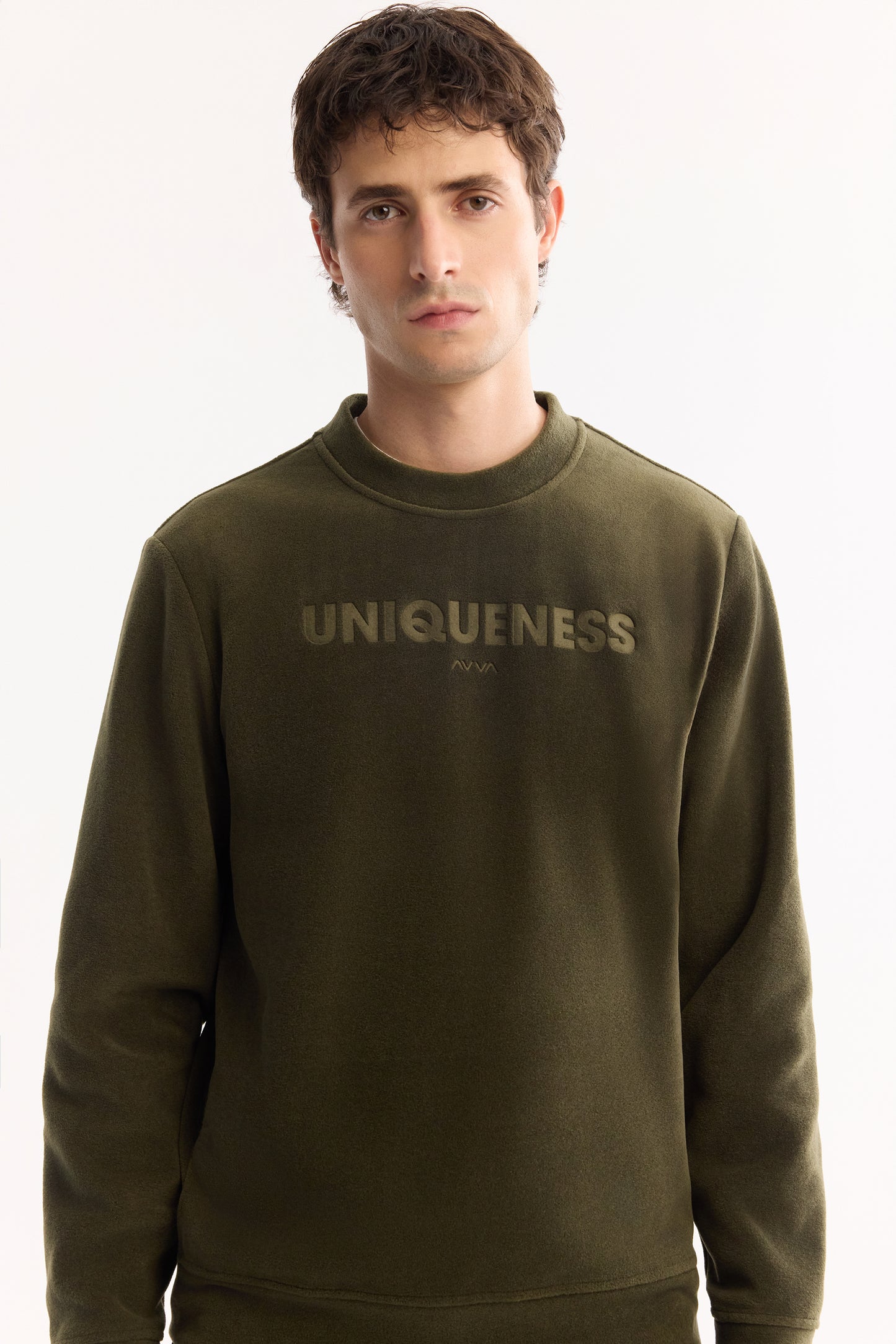 Haki Bisiklet Yaka Baskili Uzun Kol Polar Kumaş Sweatshirt