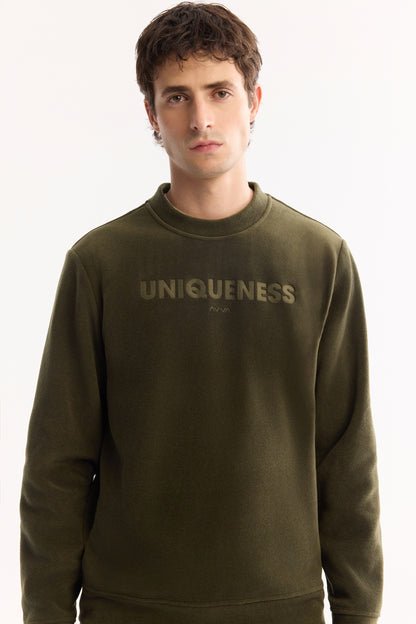 Haki Bisiklet Yaka Baskili Uzun Kol Polar Kumaş Sweatshirt