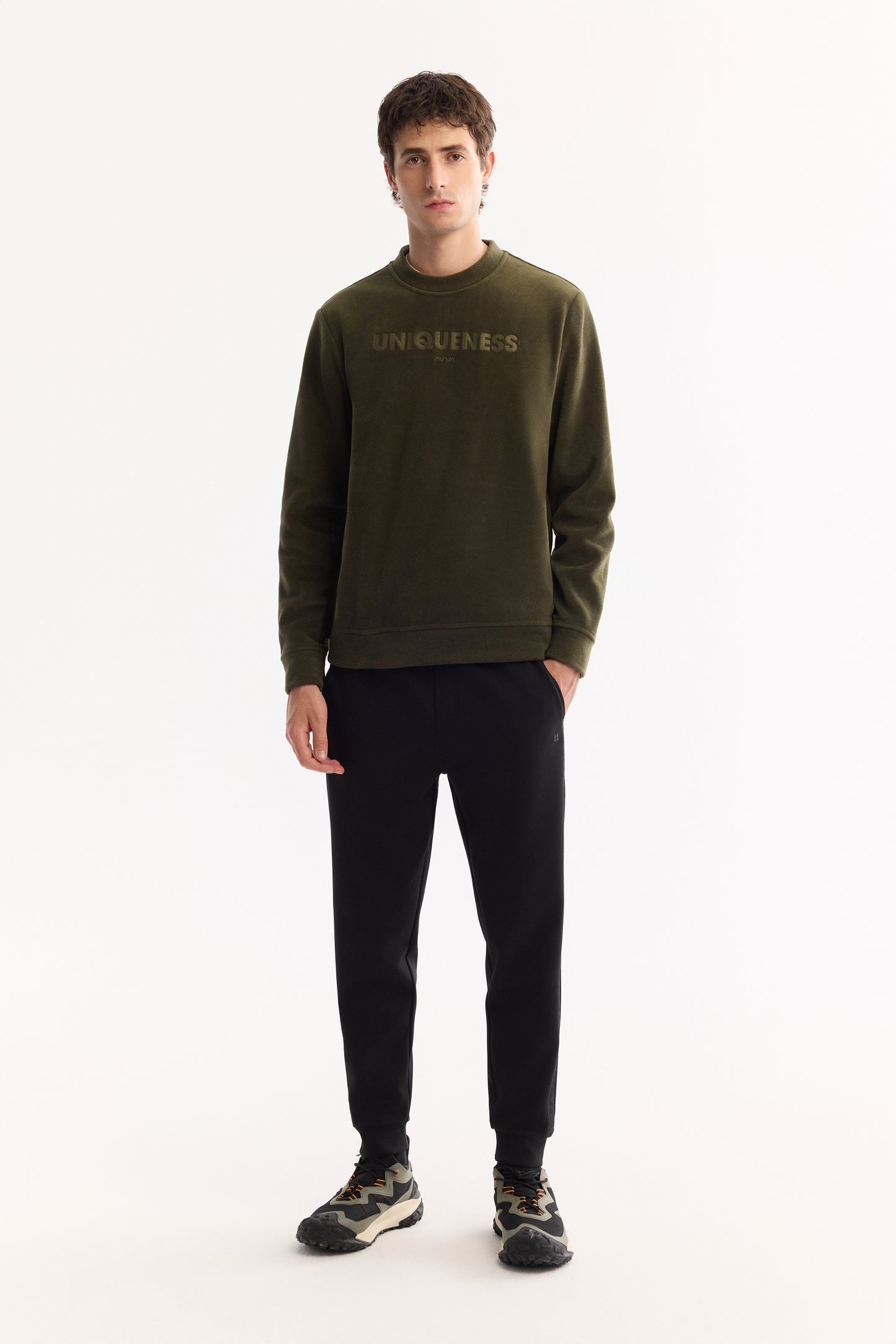 Haki Bisiklet Yaka Baskili Uzun Kol Polar Kumaş Sweatshirt