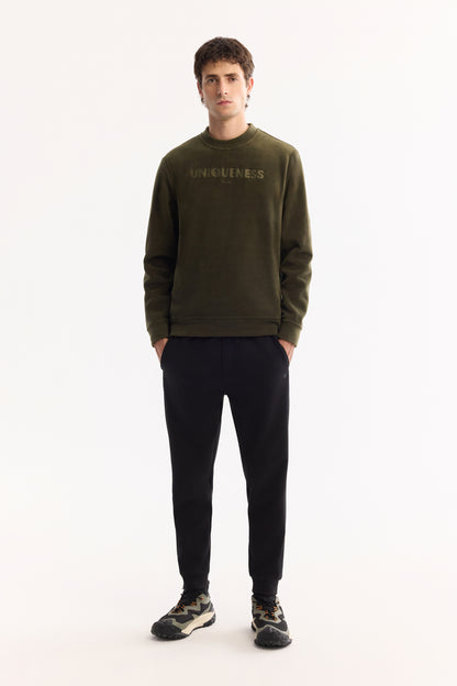 Haki Bisiklet Yaka Baskili Uzun Kol Polar Kumaş Sweatshirt