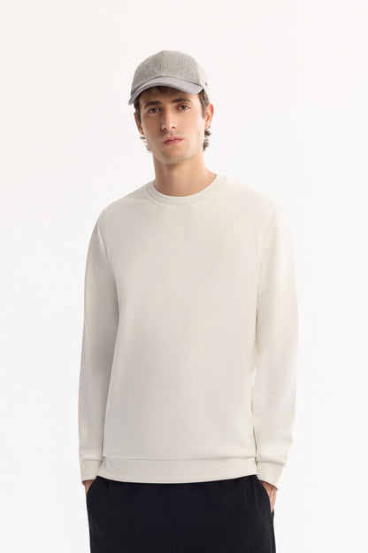 Ekru Bisiklet Yaka Düz Interlok Kumaş Sweatshirt