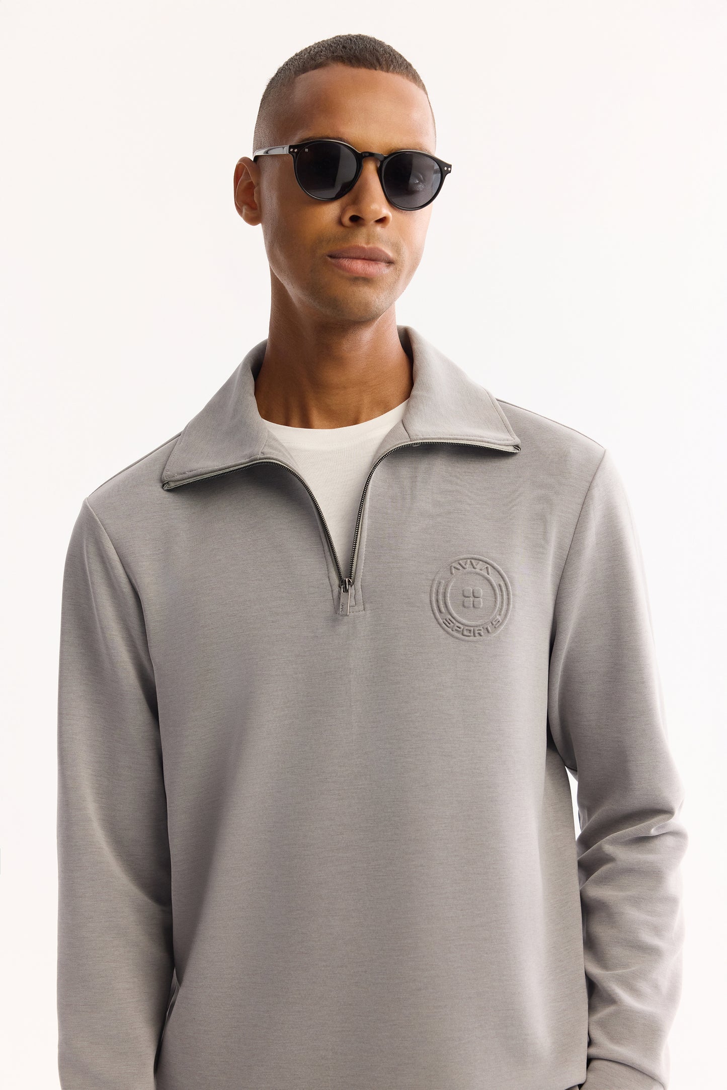 Gri Fermuarlı Dik Yaka Gofreli Modal Örme Kumaş Sweatshirt