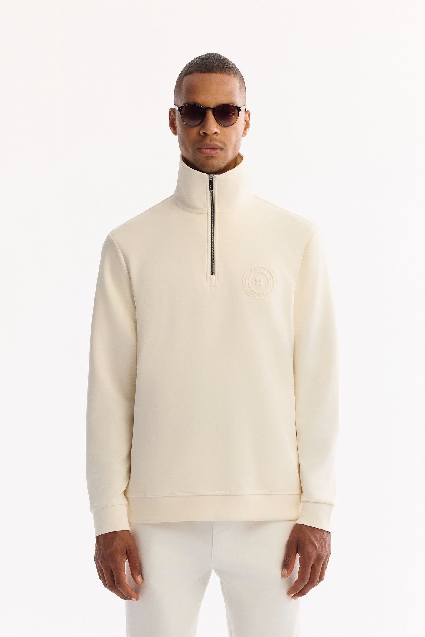 Ekru Fermuarlı Dik Yaka Gofreli Modal Örme Kumaş Sweatshirt