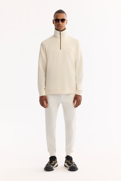 Ekru Fermuarlı Dik Yaka Gofreli Modal Örme Kumaş Sweatshirt