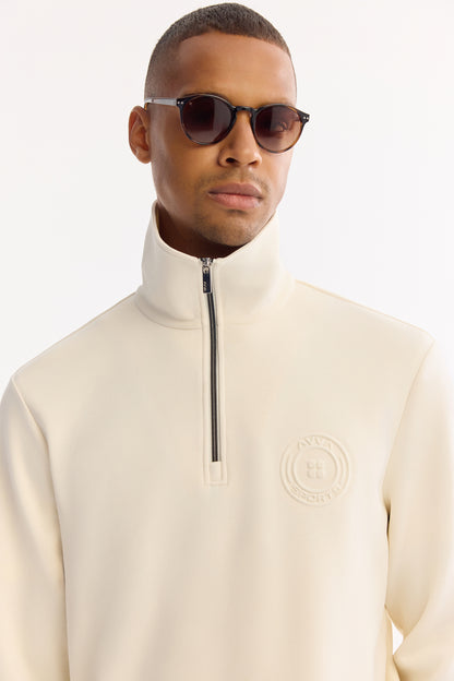 Ekru Fermuarlı Dik Yaka Gofreli Modal Örme Kumaş Sweatshirt