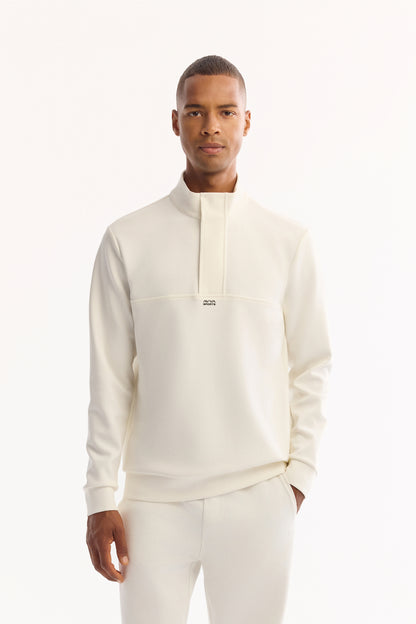Ekru Fermuarlı Dik Yaka Düz Interlok Kumaş Sweatshirt