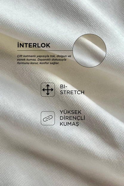 Ekru Fermuarlı Dik Yaka Düz Interlok Kumaş Sweatshirt