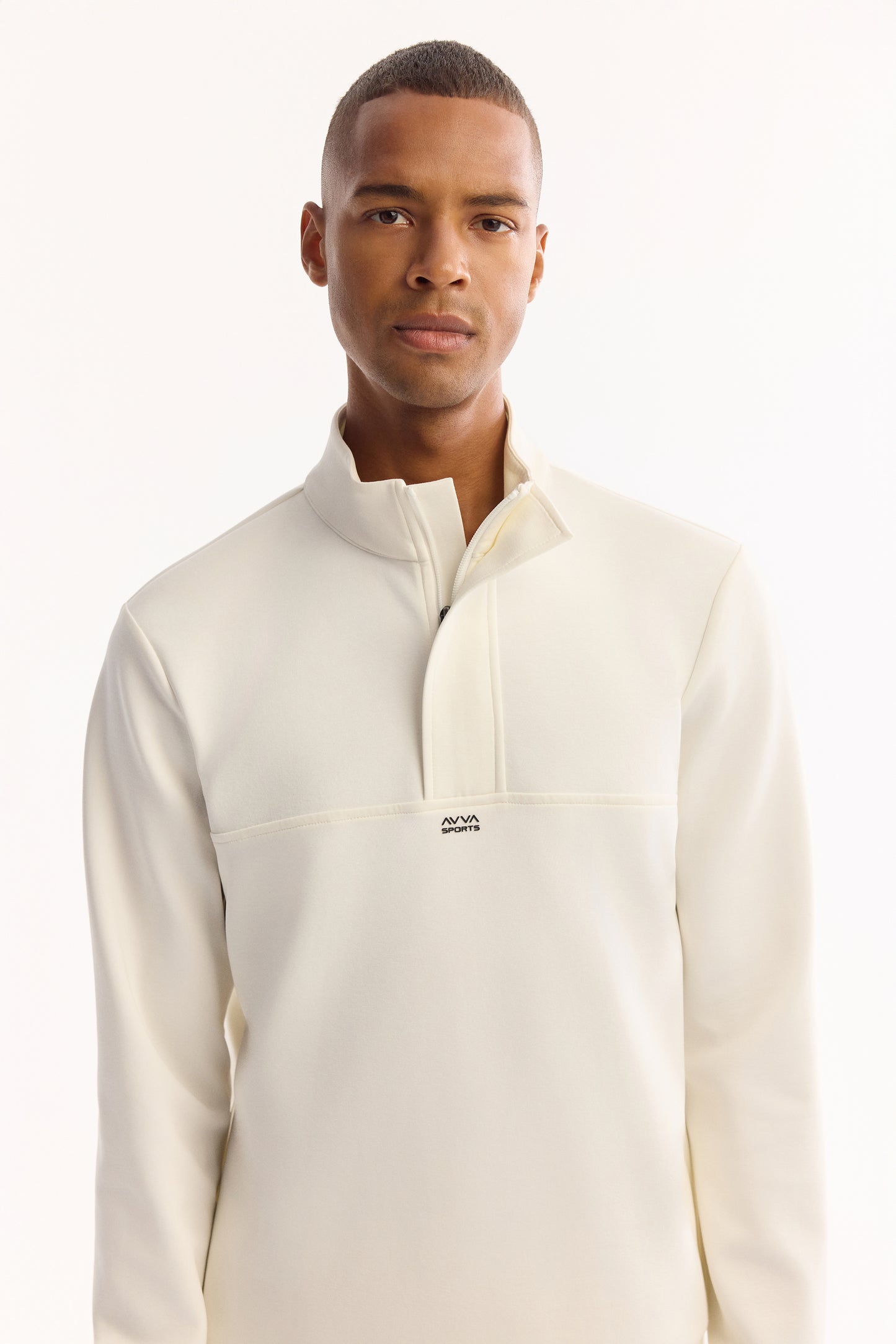 Ekru Fermuarlı Dik Yaka Düz Interlok Kumaş Sweatshirt