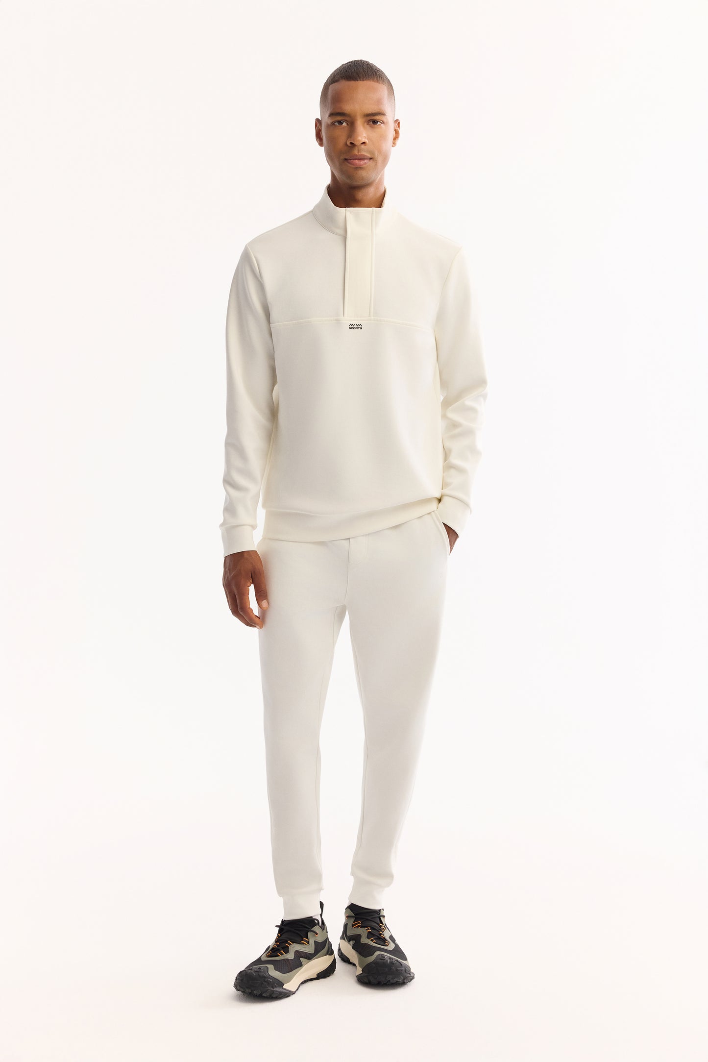 Ekru Fermuarlı Dik Yaka Düz Interlok Kumaş Sweatshirt