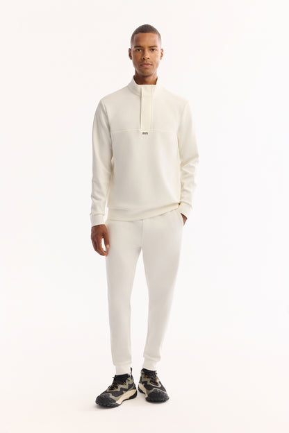 Ekru Fermuarlı Dik Yaka Düz Interlok Kumaş Sweatshirt