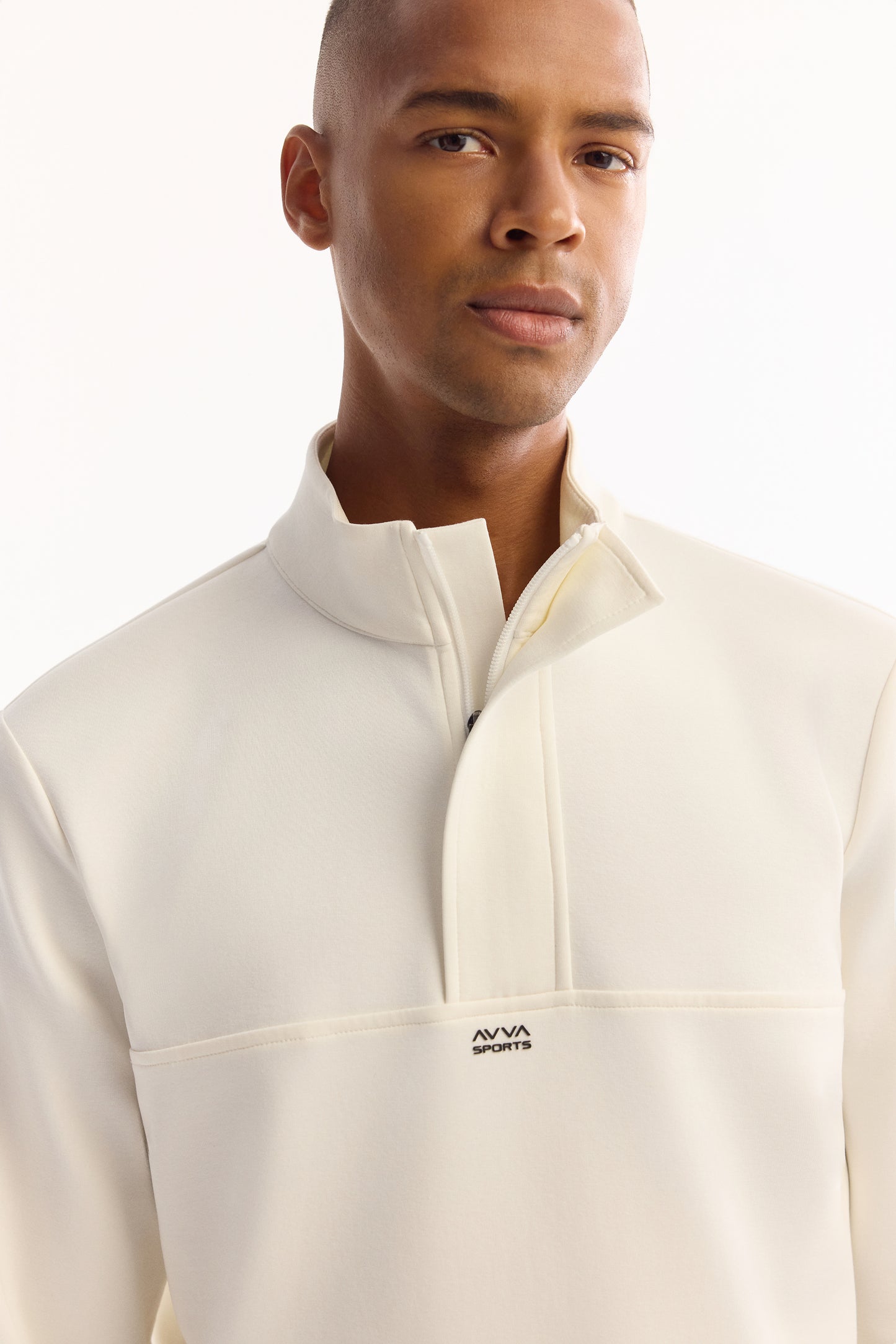 Ekru Fermuarlı Dik Yaka Düz Interlok Kumaş Sweatshirt