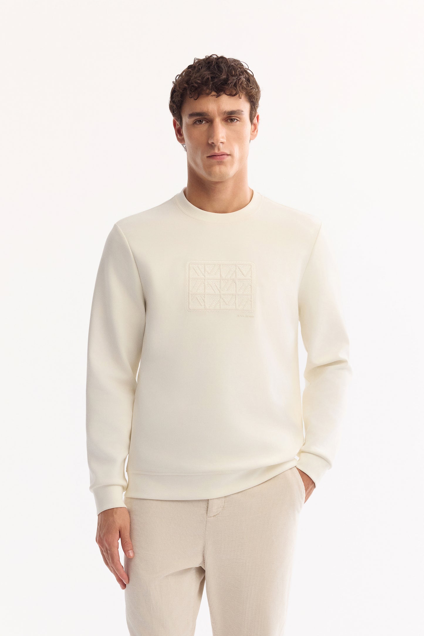 Ekru Bisiklet Yaka Aplike Baskılı Interlok Kumaş Sweatshirt