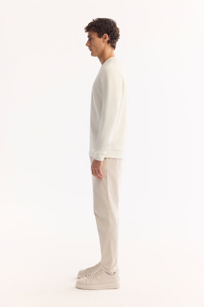Ekru Bisiklet Yaka Aplike Baskılı Interlok Kumaş Sweatshirt