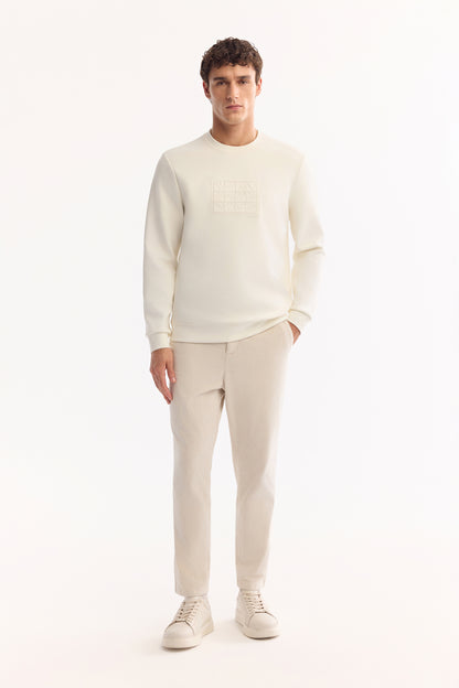 Ekru Bisiklet Yaka Aplike Baskılı Interlok Kumaş Sweatshirt