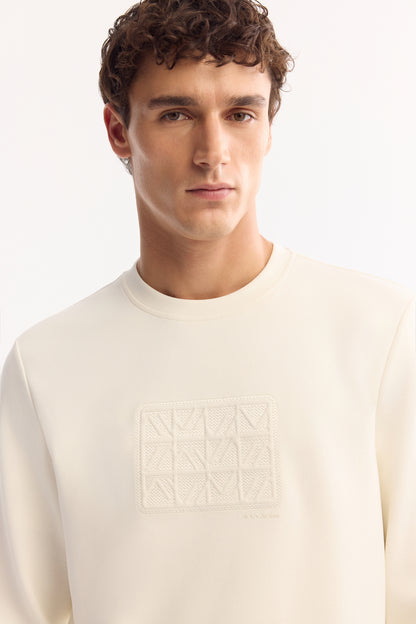 Ekru Bisiklet Yaka Aplike Baskılı Interlok Kumaş Sweatshirt