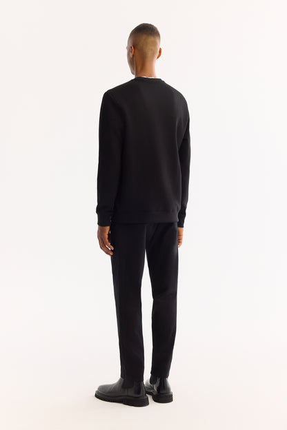 Siyah Bisiklet Yaka Flok Baskı Ottoman Kumaş Sweatshirt