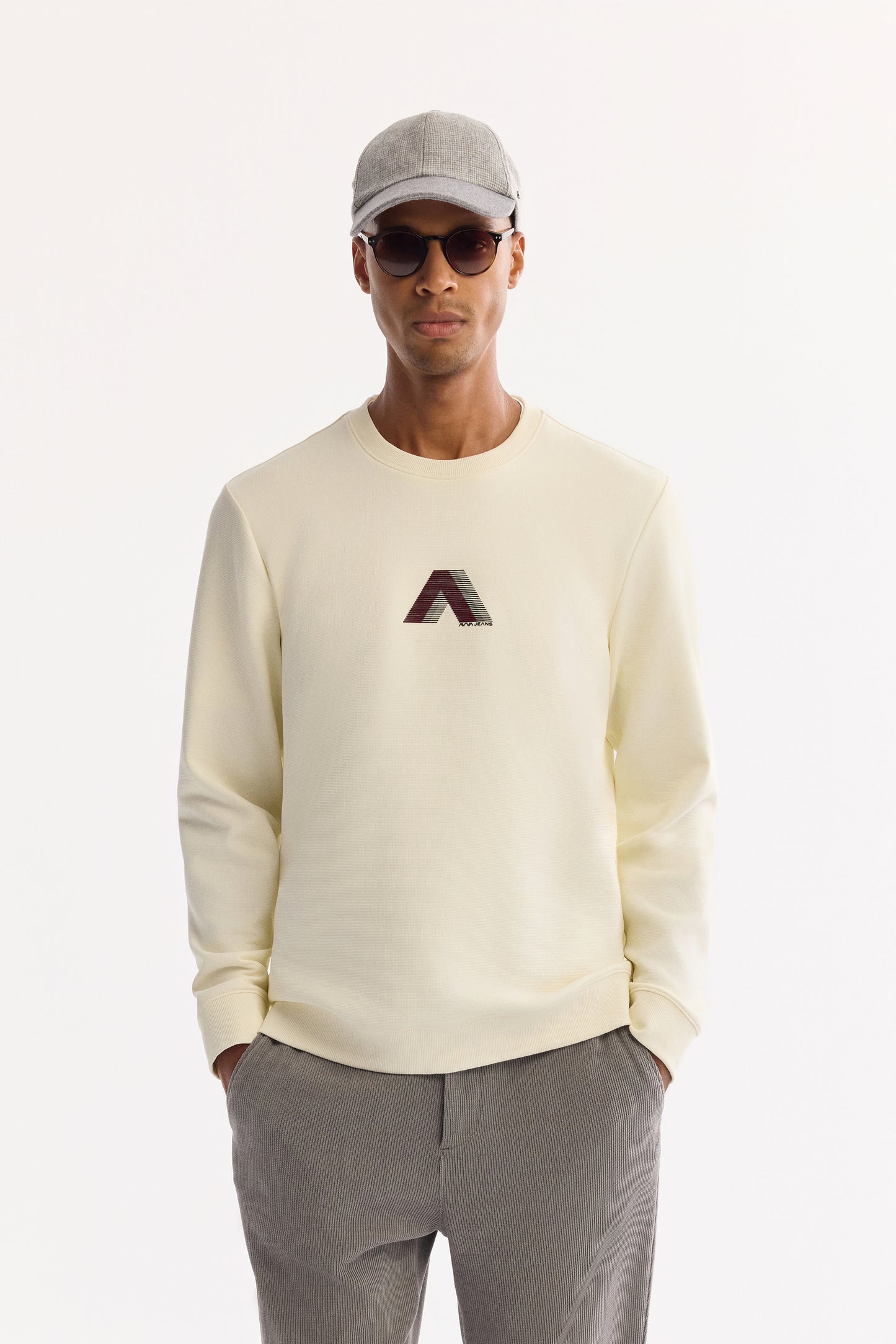 Ekru Bisiklet Yaka Flok Baskı Ottoman Kumaş Sweatshirt