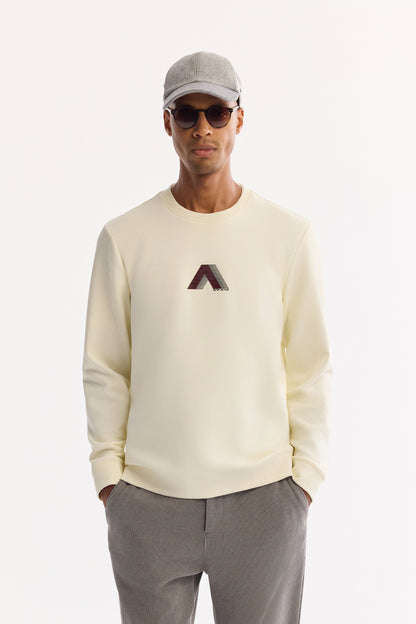 Ekru Bisiklet Yaka Flok Baskı Ottoman Kumaş Sweatshirt