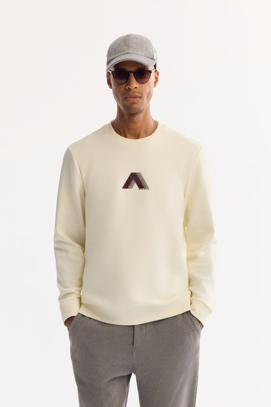 Ekru Bisiklet Yaka Flok Baskı Ottoman Kumaş Sweatshirt