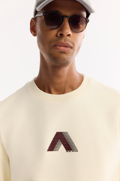 Ekru Bisiklet Yaka Flok Baskı Ottoman Kumaş Sweatshirt