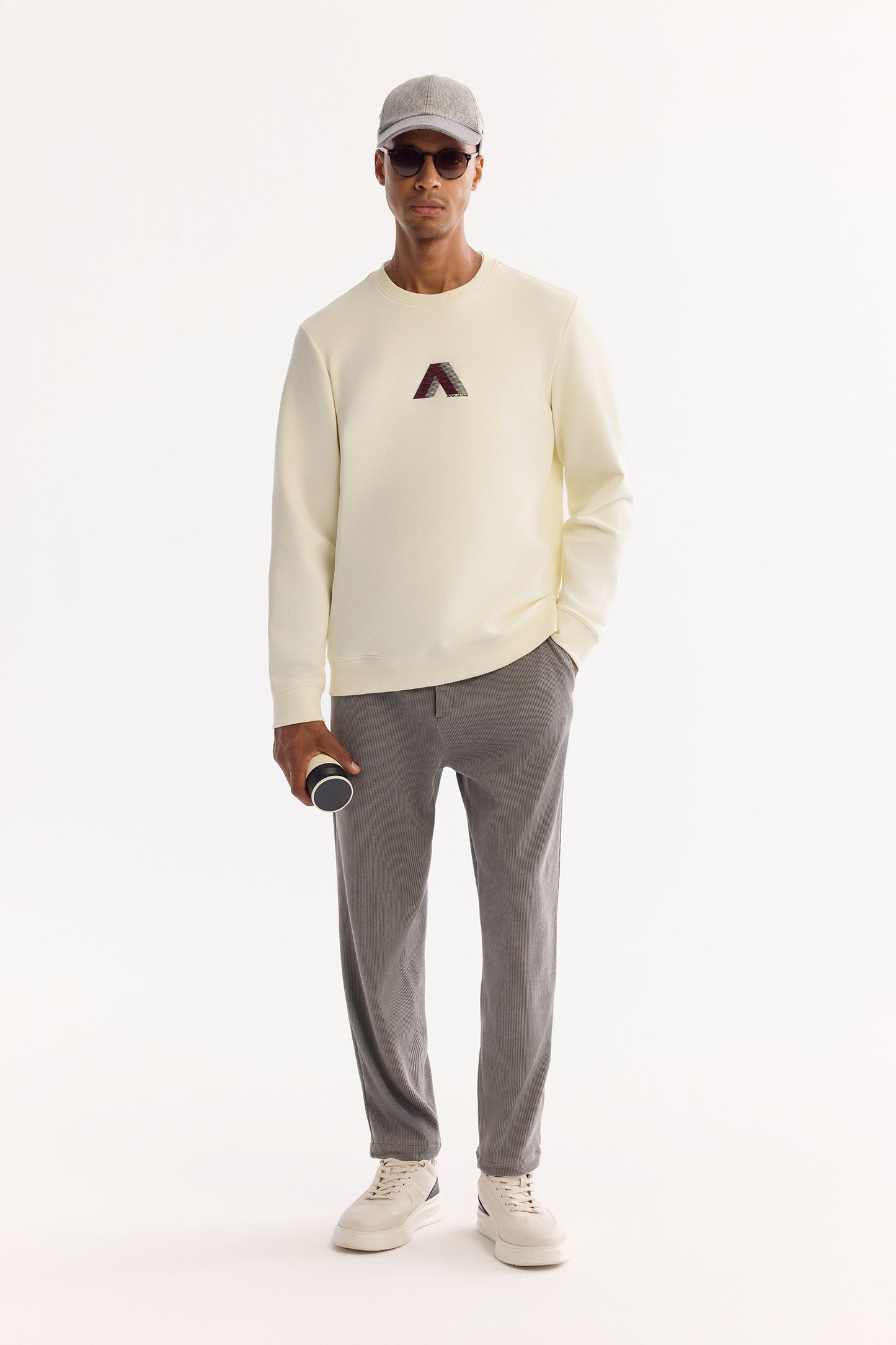 Ekru Bisiklet Yaka Flok Baskı Ottoman Kumaş Sweatshirt