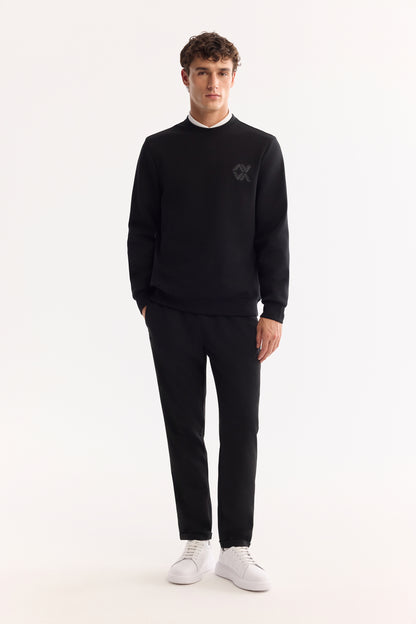 Siyah Bisiklet Yaka Baskili Uzun Kol Interlok Kumaş Sweatshirt