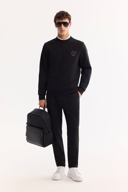 Siyah Bisiklet Yaka Baskili Uzun Kol Interlok Kumaş Sweatshirt