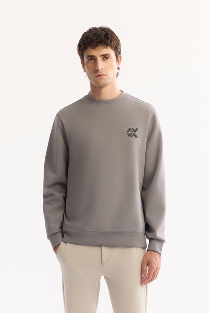 Gri Bisiklet Yaka Baskili Uzun Kol Interlok Kumaş Sweatshirt