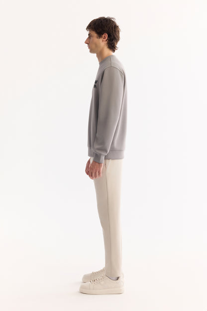 Gri Bisiklet Yaka Baskili Uzun Kol Interlok Kumaş Sweatshirt