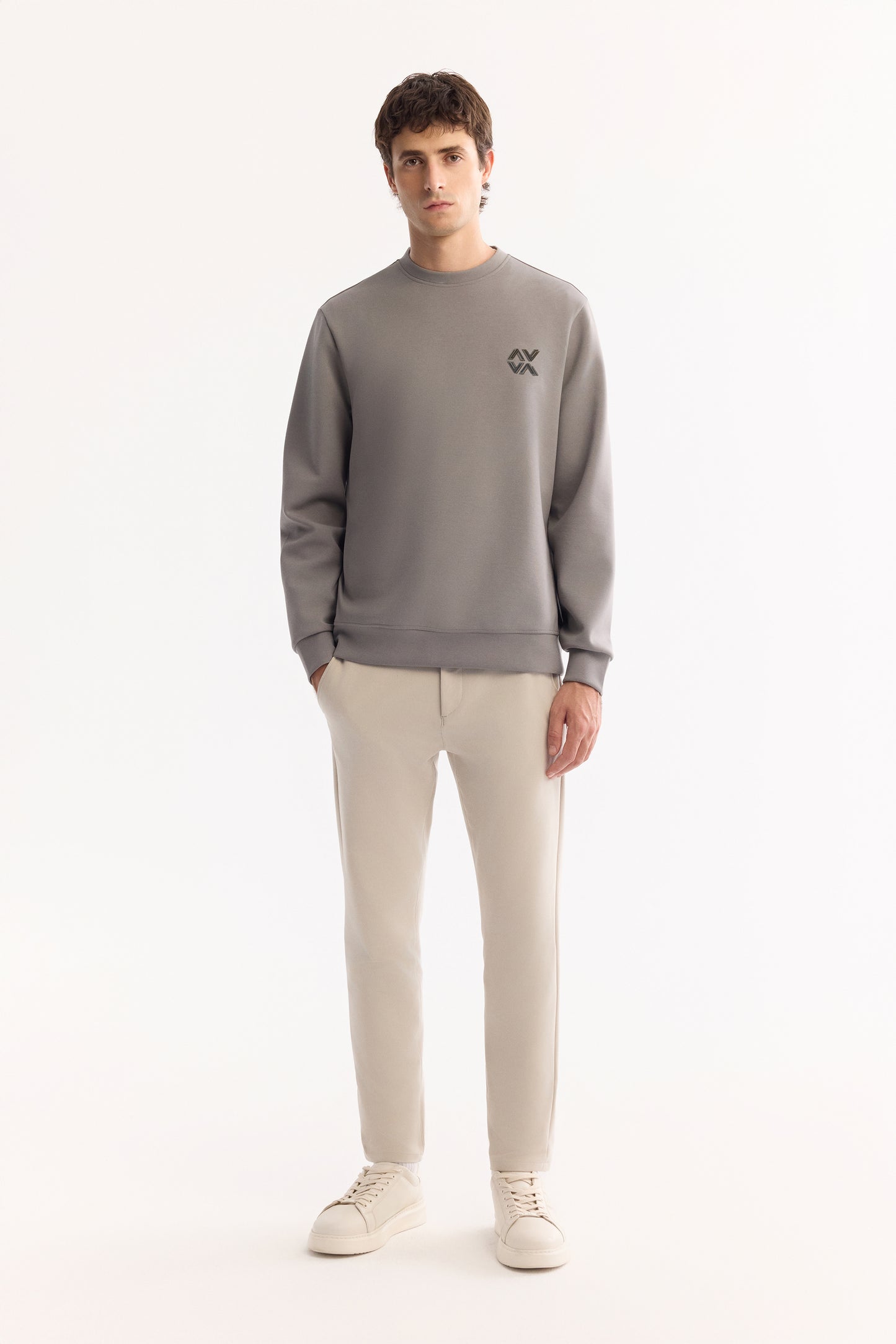 Gri Bisiklet Yaka Baskili Uzun Kol Interlok Kumaş Sweatshirt