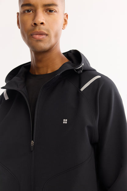 Siyah Kapüşonlu Yaka Reflektör Baskılı Teknik Kumaş Hırka