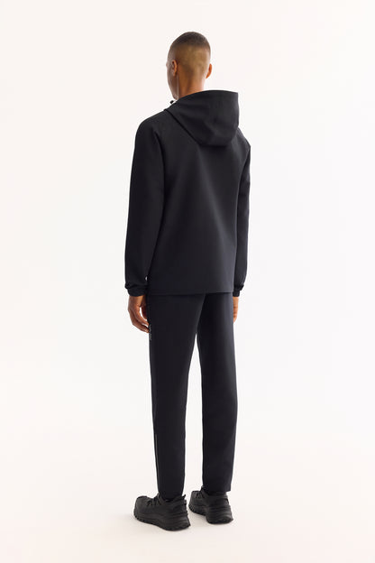 Siyah Kapüşonlu Yaka Reflektör Baskılı Teknik Kumaş Hırka