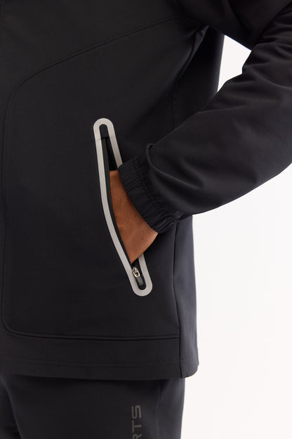 Siyah Kapüşonlu Yaka Reflektör Baskılı Teknik Kumaş Hırka