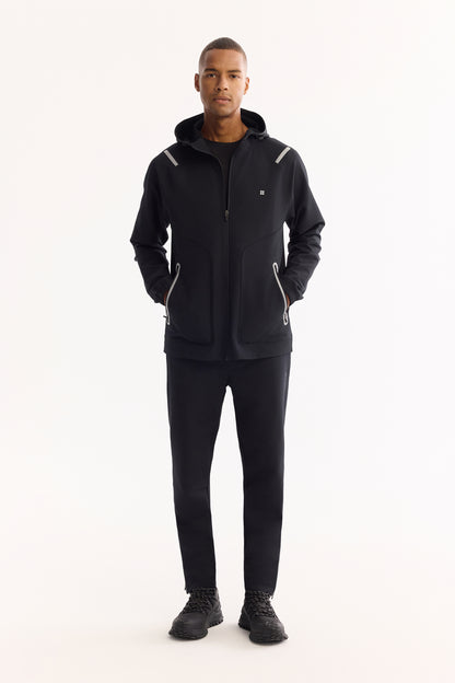 Siyah Kapüşonlu Yaka Reflektör Baskılı Teknik Kumaş Hırka