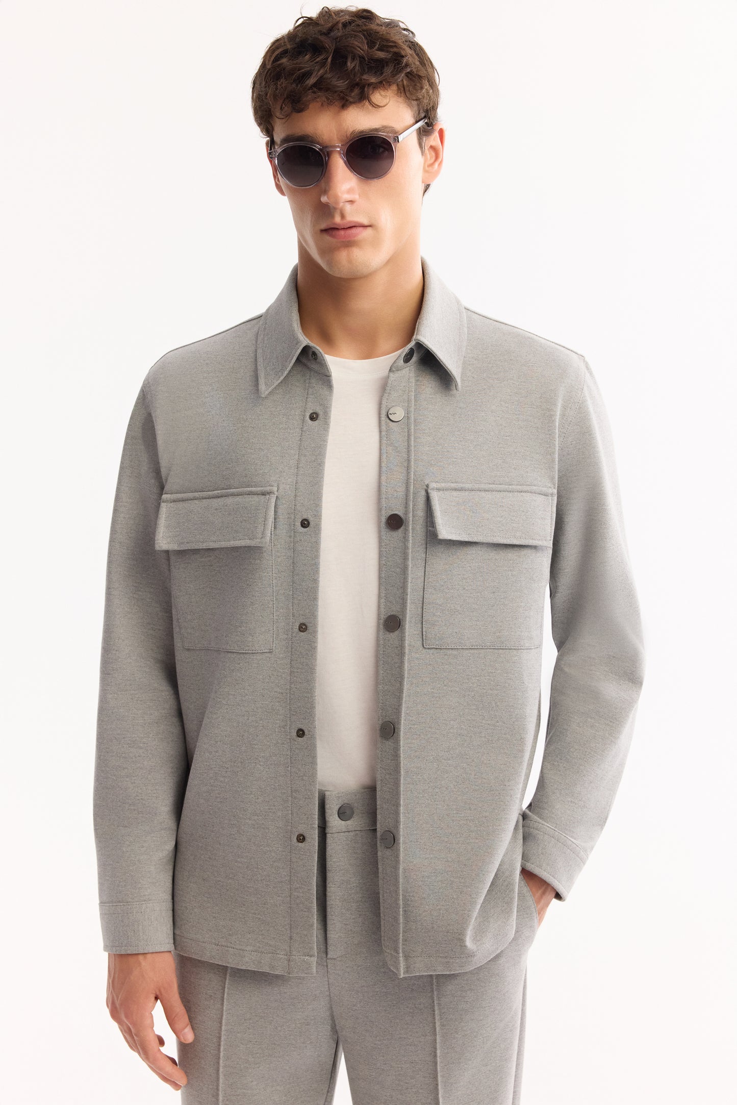Gri Klasik Yaka Düz Pamuk/ Polyester Örme Kumaş Ceket Gömlek