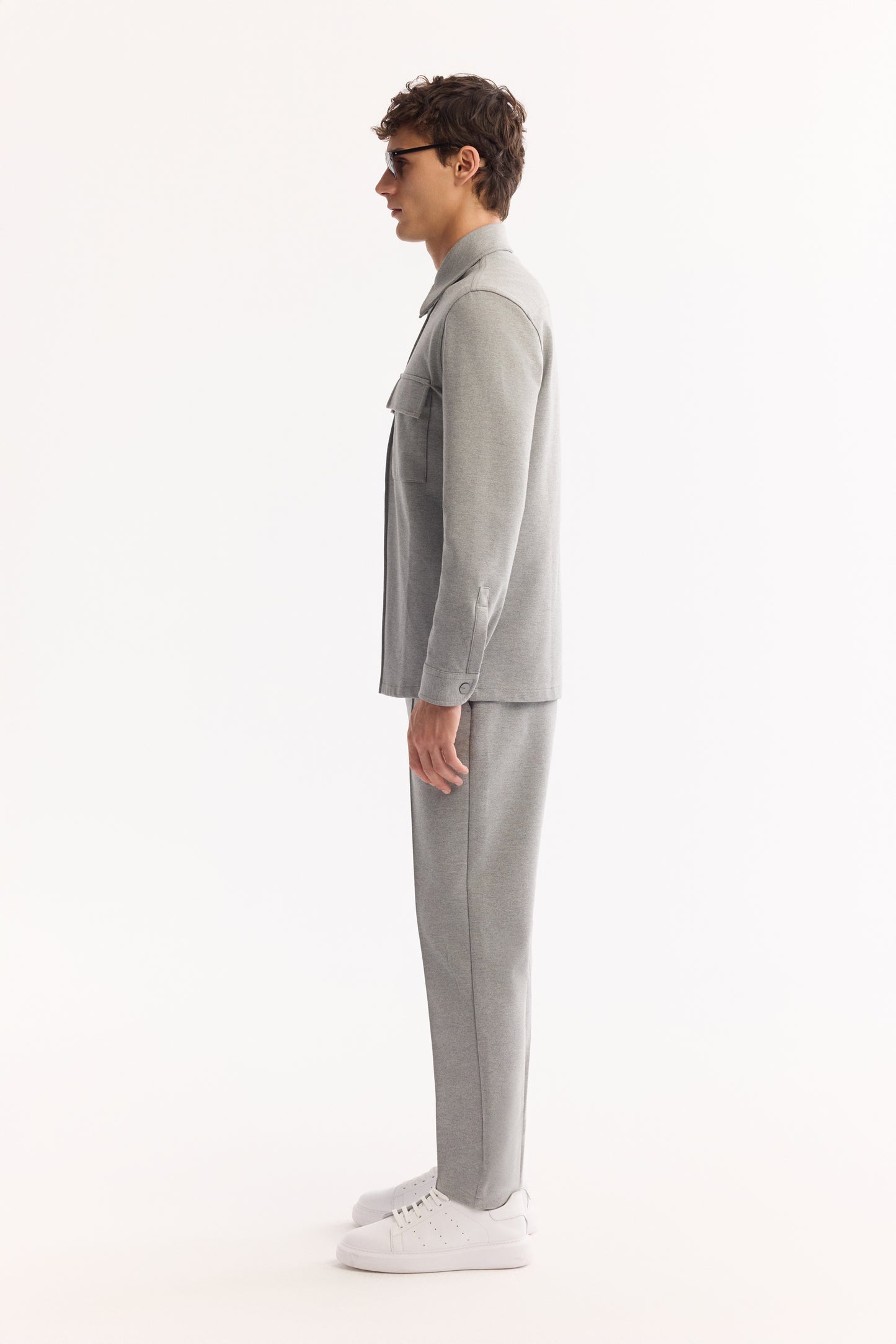 Gri Klasik Yaka Düz Pamuk/ Polyester Örme Kumaş Ceket Gömlek