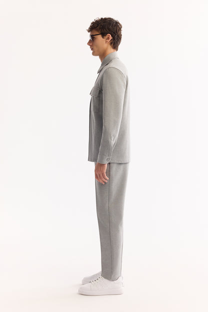 Gri Klasik Yaka Düz Pamuk/ Polyester Örme Kumaş Ceket Gömlek