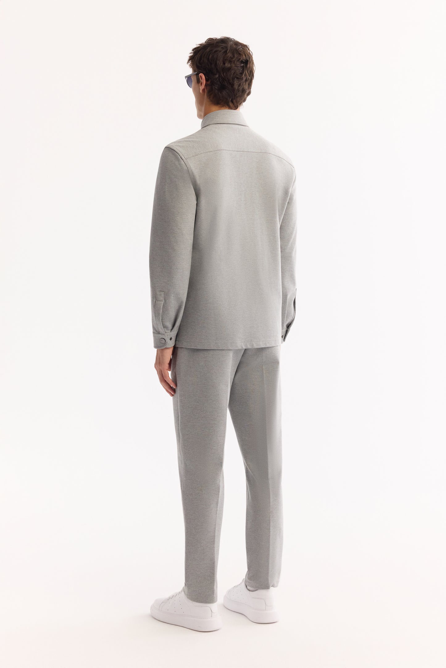 Gri Klasik Yaka Düz Pamuk/ Polyester Örme Kumaş Ceket Gömlek